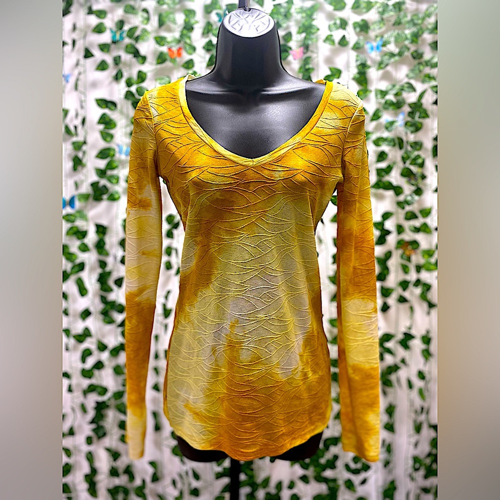 BKE - Yellow Tie Dye Stretch Long Sleeve Shirt - Size: S